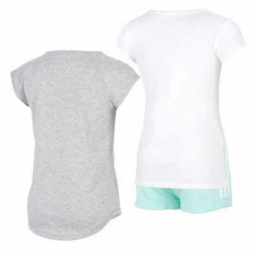 Girl's Adidas 3 Piece Set Tee Shirts and Shorts Green White Grey Size 5